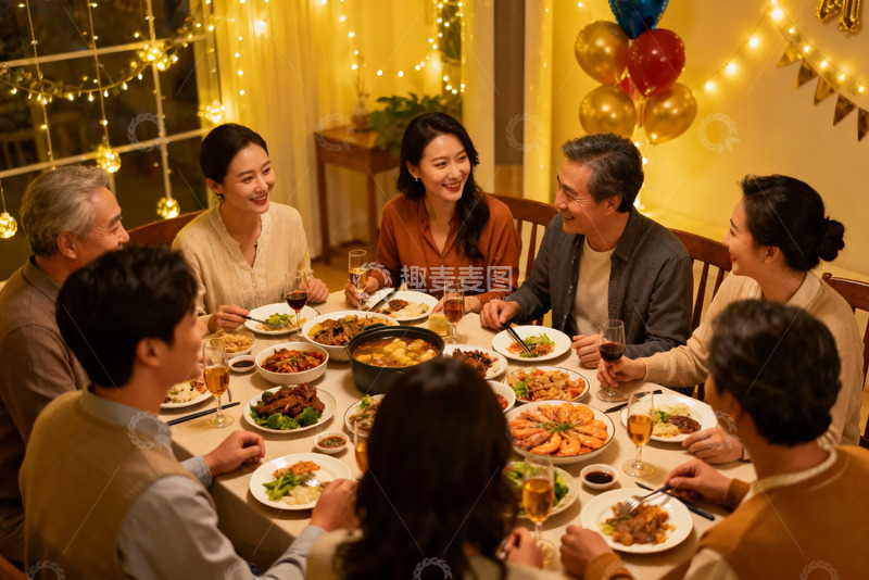 高清大图下载【趣麦麦图】温馨家庭聚餐欢庆时刻