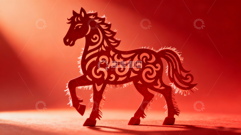 高清大图下载【趣麦麦图】红色背景下的剪纸马艺术作品