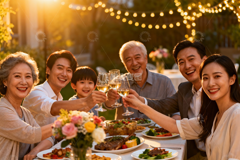 高清大图下载【趣麦麦图】三代同堂户外聚餐举杯欢庆