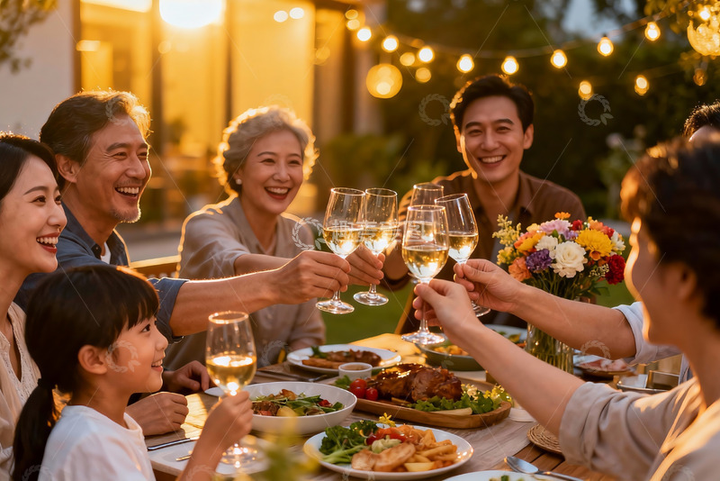 高清大图下载【趣麦麦图】家庭户外聚餐举杯欢庆