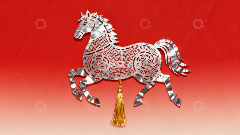 高清大图下载【趣麦麦图】红色背景上的银色马形剪纸