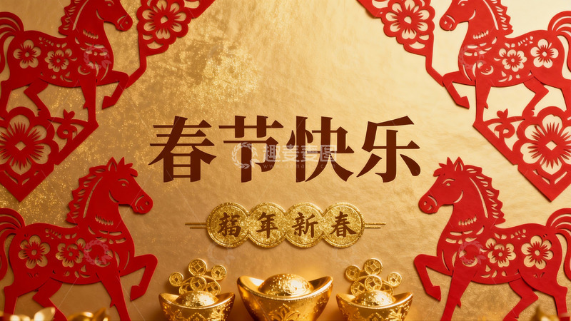 高清大图下载【趣麦麦图】春节快乐红色剪纸马装饰