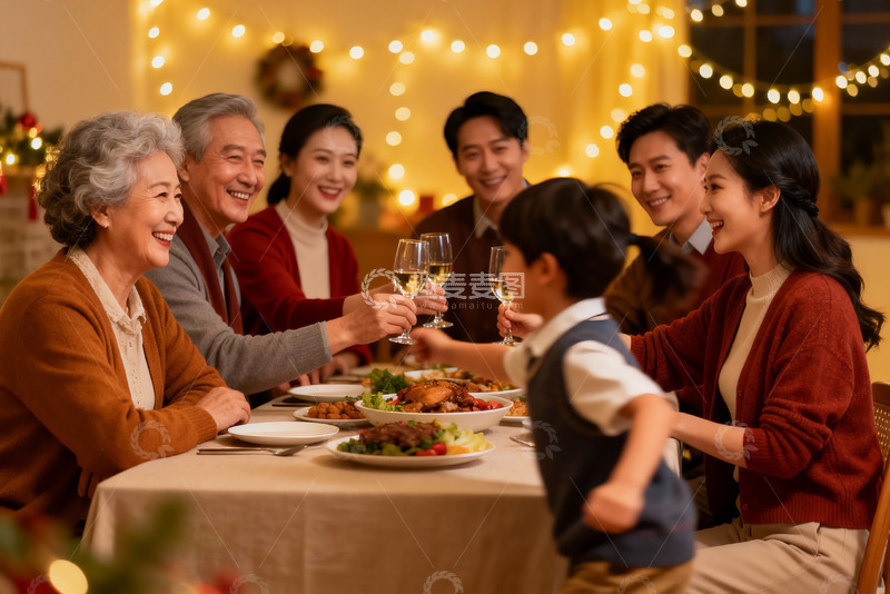 高清大图下载【趣麦麦图】温馨家庭聚餐举杯欢庆