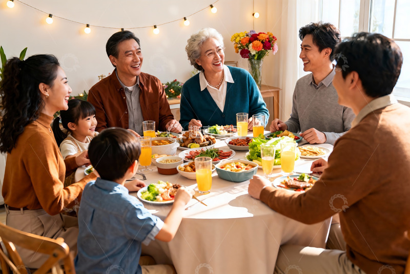 高清大图下载【趣麦麦图】三代同堂家庭聚餐温馨场景