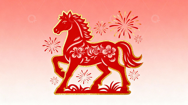 红色剪纸马与烟花图案