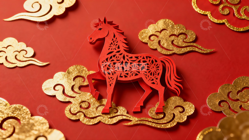 高清大图下载【趣麦麦图】红色剪纸马与金色祥云图案