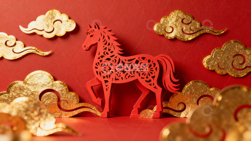 高清大图下载【趣麦麦图】红色剪纸马与金色祥云