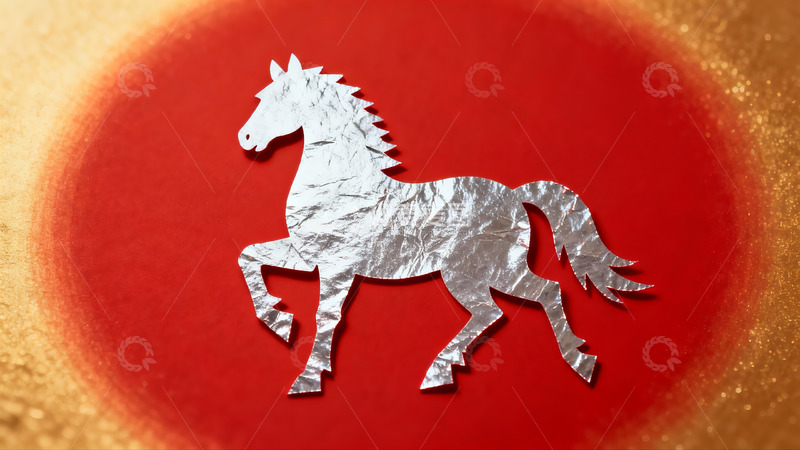 高清大图下载【趣麦麦图】红色背景上的银色纸马剪影
