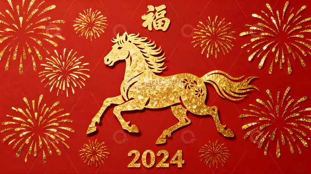 2024马年红色烟花剪纸图