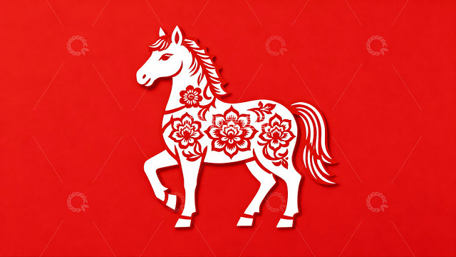 红色背景上的白色剪纸马