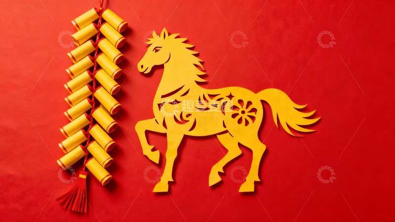 高清大图下载【趣麦麦图】红色背景上的剪纸马与鞭炮