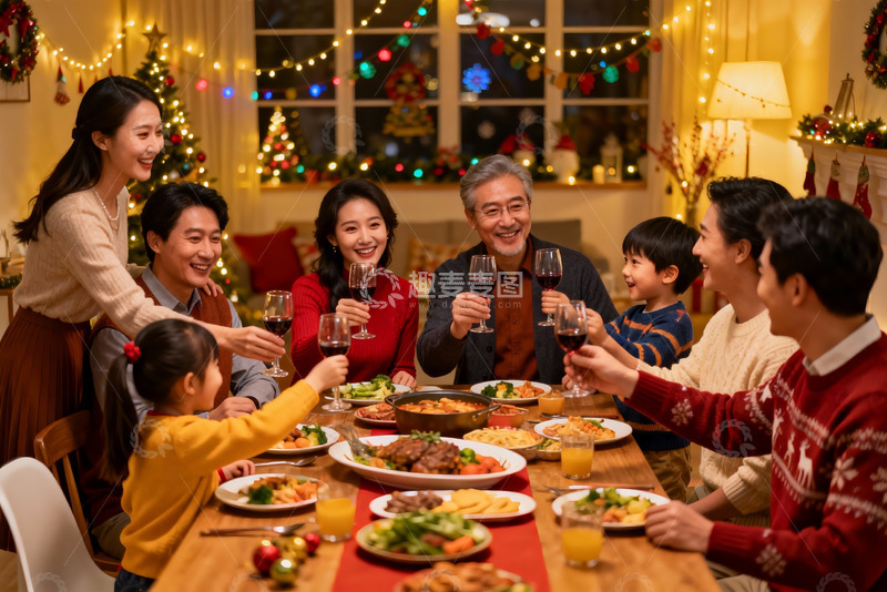高清大图下载【趣麦麦图】圣诞家庭聚餐温馨场景