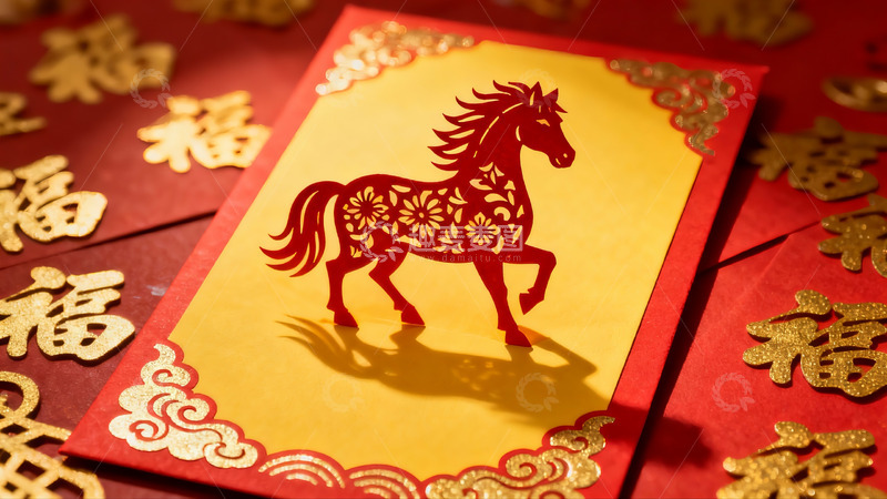 高清大图下载【趣麦麦图】红色剪纸马贺岁卡片