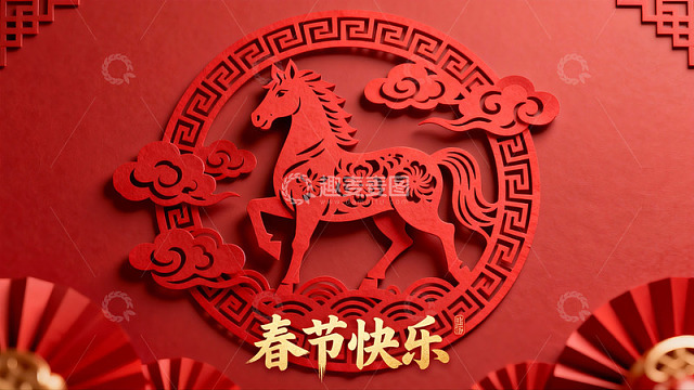 红色剪纸马年春节装饰