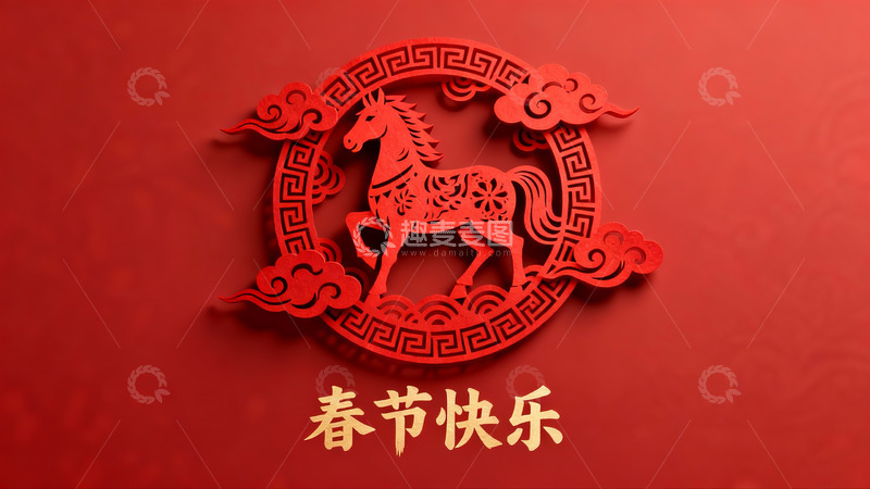 高清大图下载【趣麦麦图】红色剪纸马迎春图案