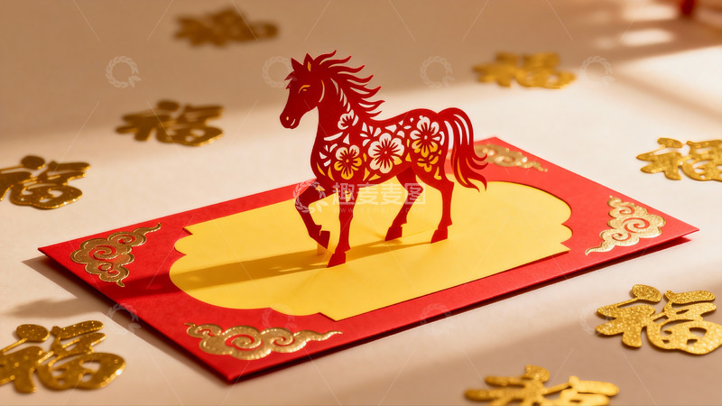 高清大图下载【趣麦麦图】红色剪纸马贺卡与金色福字