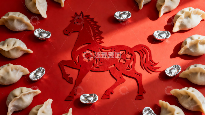 高清大图下载【趣麦麦图】红色剪纸马与饺子摆盘
