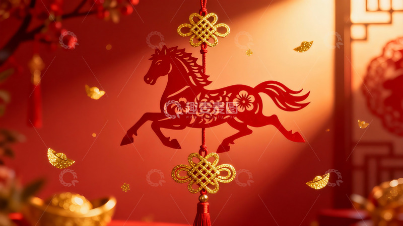 高清大图下载【趣麦麦图】红色剪纸马挂饰新年装饰