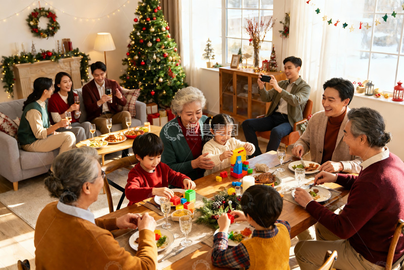 高清大图下载【趣麦麦图】圣诞家庭聚餐温馨场景