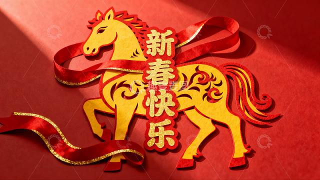 红色背景上的剪纸马年祝福