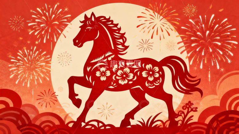 红色剪纸马与烟花图案