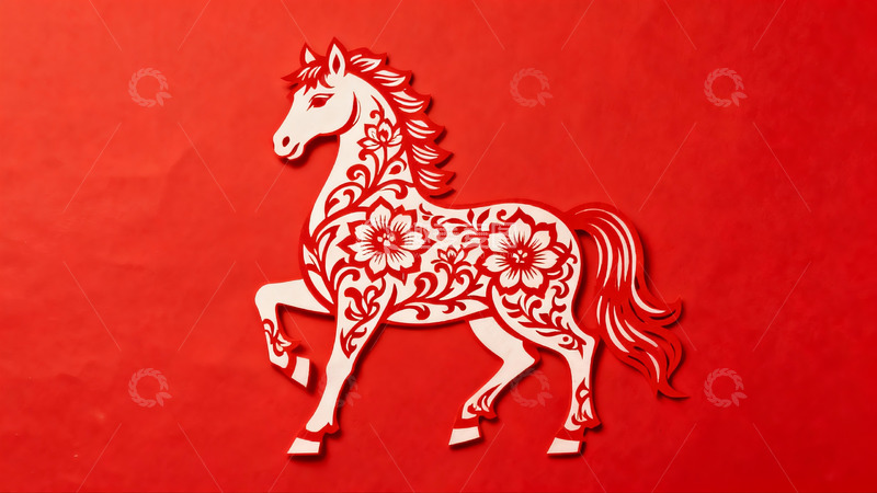 高清大图下载【趣麦麦图】红色背景上的白色剪纸马