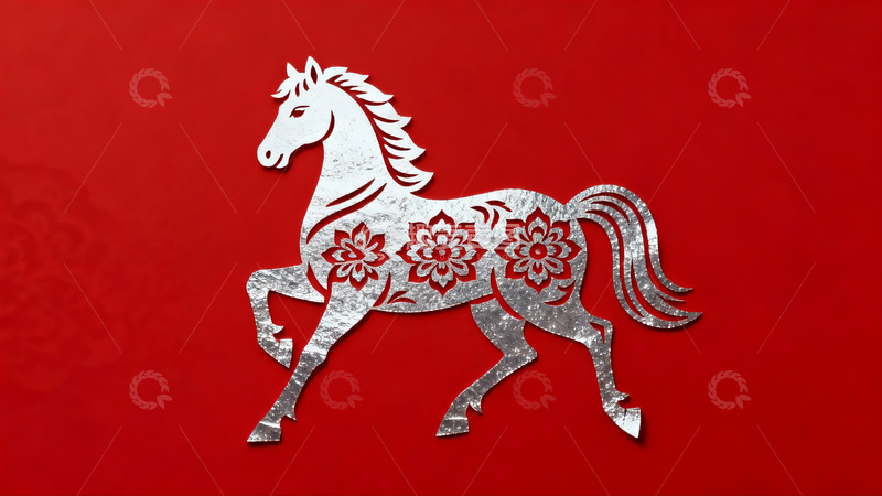 高清大图下载【趣麦麦图】红色背景上的银色马形剪纸