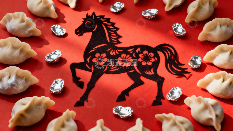 高清大图下载【趣麦麦图】红色背景上的剪纸马与饺子
