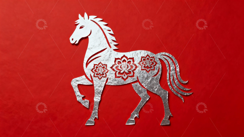 高清大图下载【趣麦麦图】红色背景上的银色马形剪纸