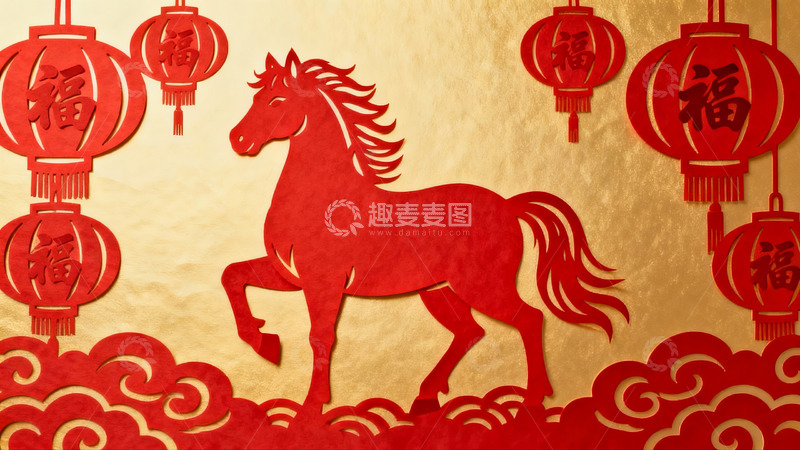 高清大图下载【趣麦麦图】红色剪纸马与灯笼装饰