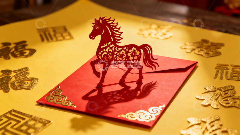 高清大图下载【趣麦麦图】红色剪纸马贺岁红包