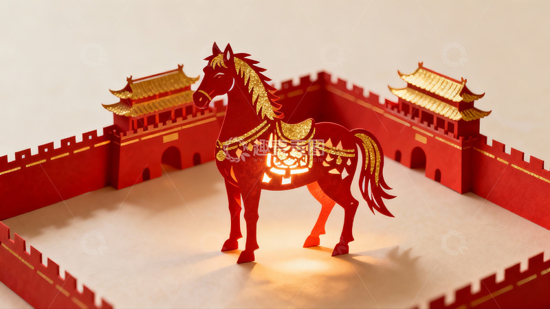 高清大图下载【趣麦麦图】红色剪纸马与长城模型