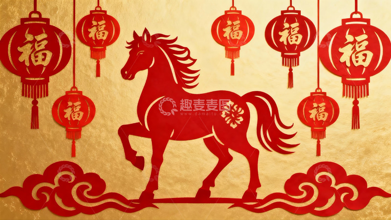 高清大图下载【趣麦麦图】红色剪纸马与灯笼装饰图
