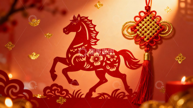 红色剪纸马与中国结装饰
