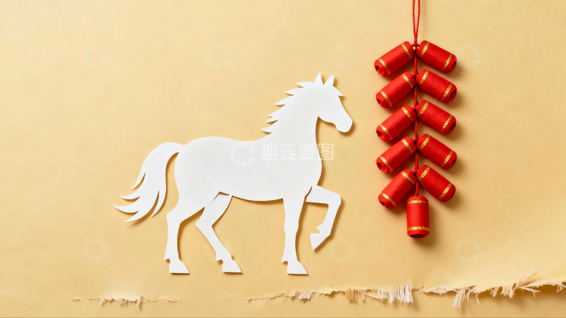 高清大图下载【趣麦麦图】纸艺马与鞭炮新年装饰