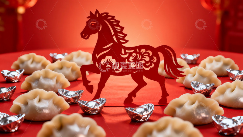高清大图下载【趣麦麦图】红色剪纸马与饺子摆盘