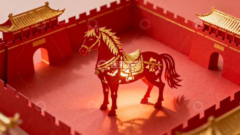 高清大图下载【趣麦麦图】红色纸艺马与城墙装饰