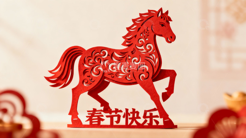 高清大图下载【趣麦麦图】红色剪纸马迎春装饰