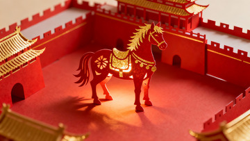 红色纸雕马与古城墙