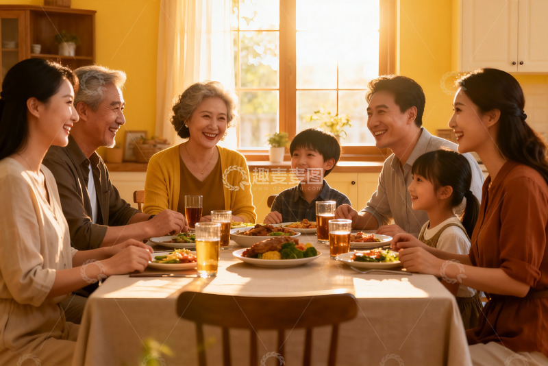 高清大图下载【趣麦麦图】三代同堂家庭聚餐温馨场景