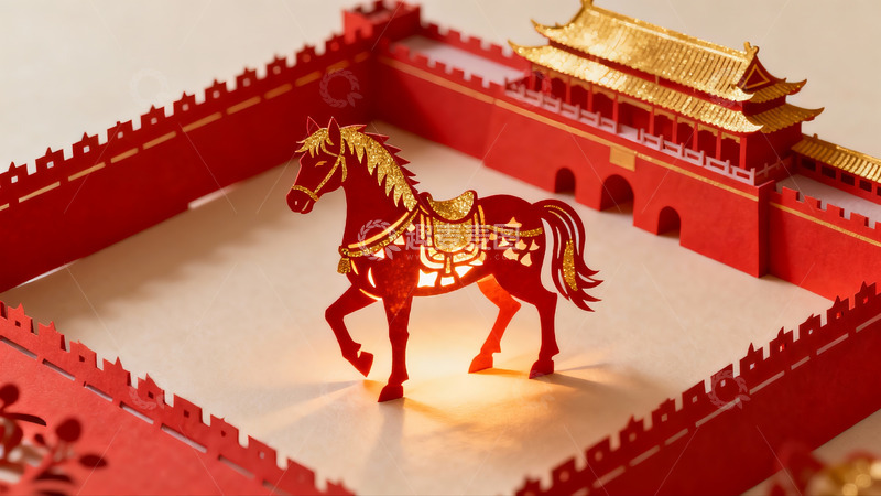 高清大图下载【趣麦麦图】红色剪纸马与古建筑