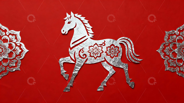 红色背景上的银色马形剪纸