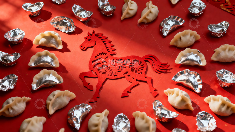 高清大图下载【趣麦麦图】红色剪纸马与饺子摆盘