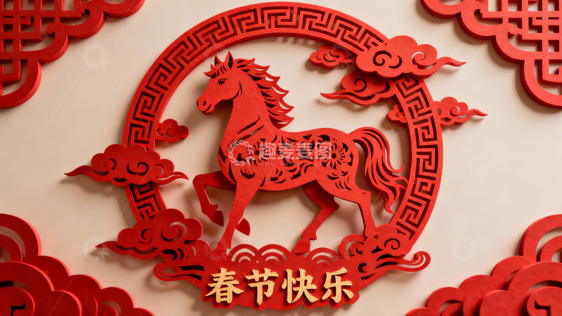 高清大图下载【趣麦麦图】春节红色剪纸马艺术作品