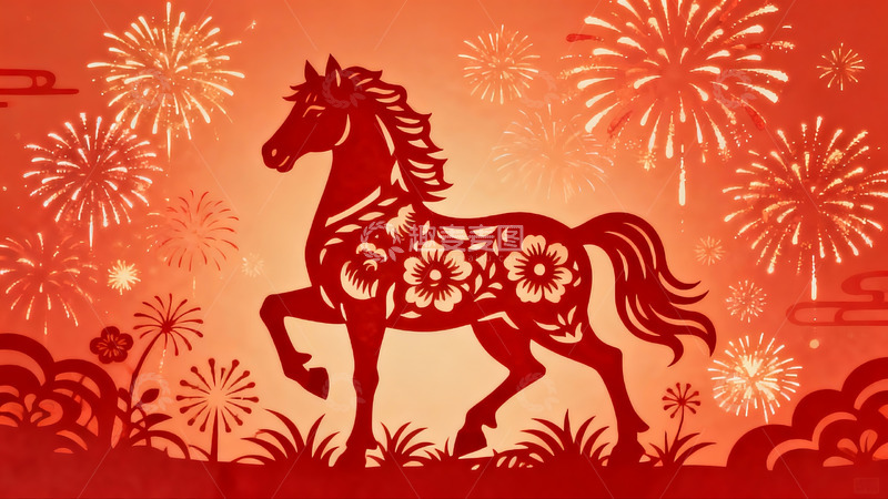 高清大图下载【趣麦麦图】红色剪纸马与烟花图案