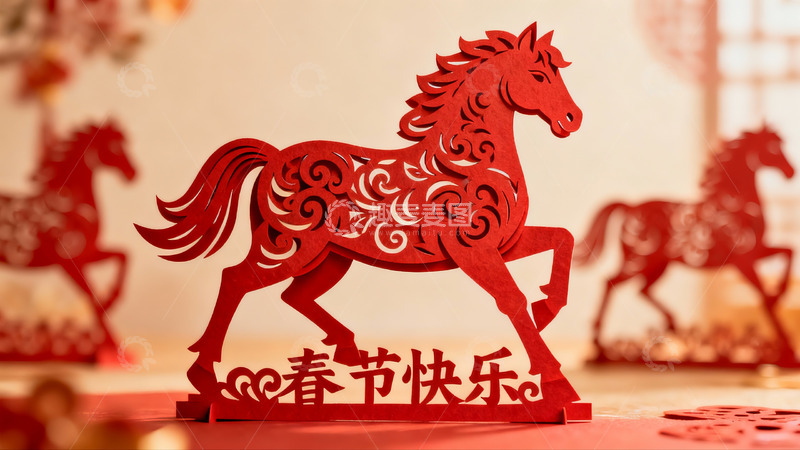 高清大图下载【趣麦麦图】红色剪纸马迎春装饰