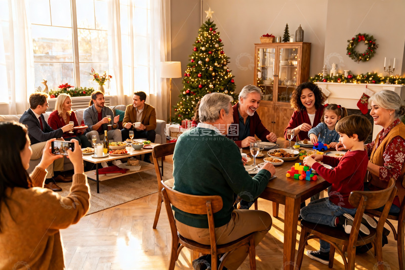 高清大图下载【趣麦麦图】圣诞家庭聚餐温馨场景