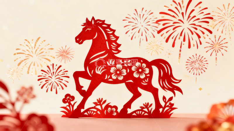 高清大图下载【趣麦麦图】红色剪纸马与烟花装饰图案
