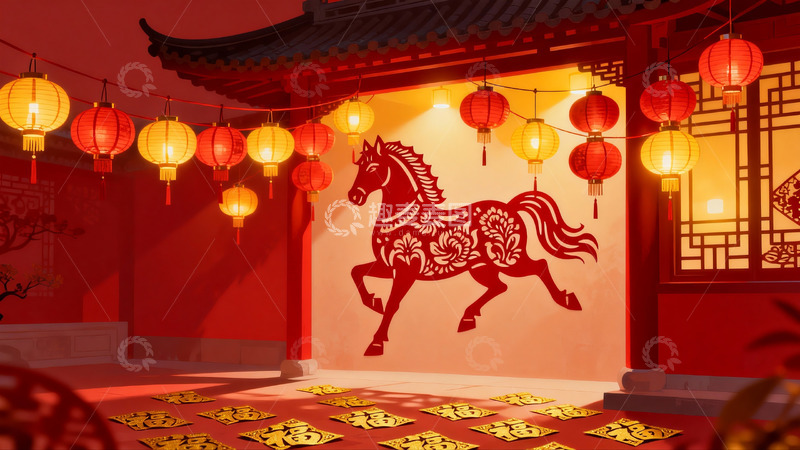 高清大图下载【趣麦麦图】红灯笼下的中式剪纸马
