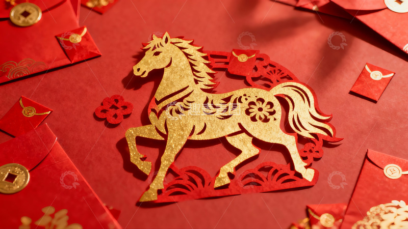 高清大图下载【趣麦麦图】红色背景上的金色马形剪纸